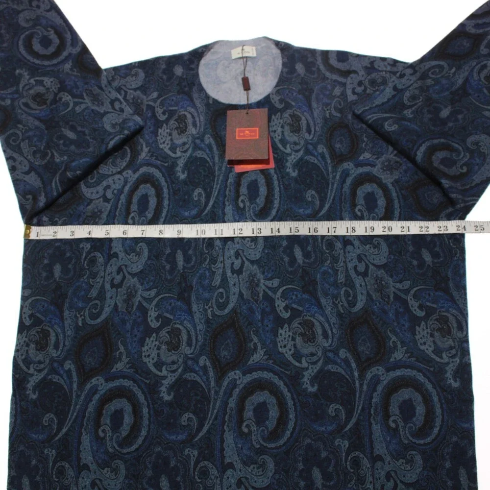 Etro NWT Pullover Crew Neck Sweater Size XXL in Blue Paisley 100% Wool